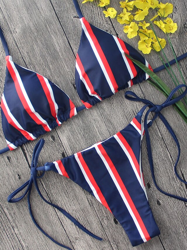  Women's Plunging Neckline / Color Block Halter Neck Bikini - Striped