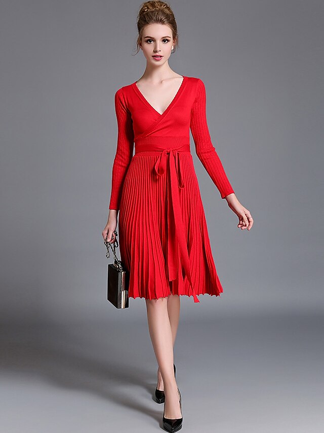  Damen Ausgehen Street Schick Baumwolle Swing Strickware Kleid - Gefaltet, Solide Knielang V-Ausschnitt Rot