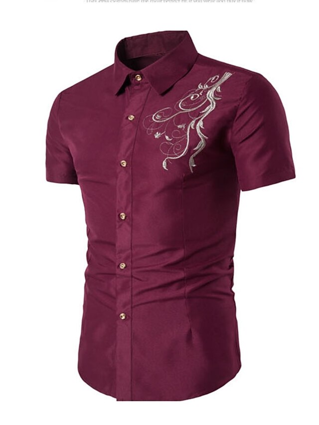  Men's Solid Colored Embroidered Shirt - Cotton Daily Going out Standing Collar Wine / White / Black / Spring / Summer / Short Sleeve