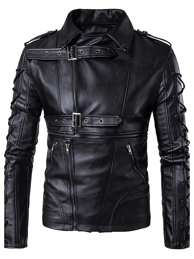 Men's Daily Fall / Winter Regular Jacket, Solid Colored Shirt Collar Long Sleeve PU Basic Black / Slim