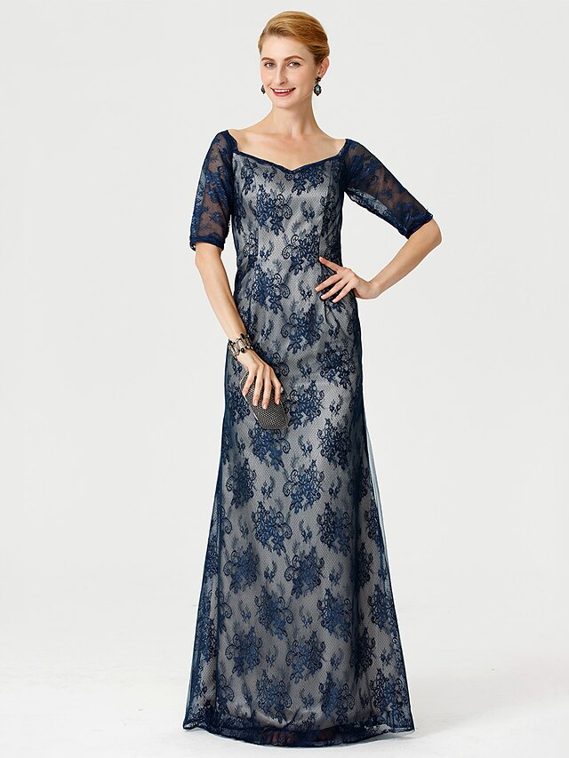  Sheath / Column V Neck Floor Length Lace Mother of the Bride Dress with Appliques by LAN TING BRIDE® / Illusion Sleeve