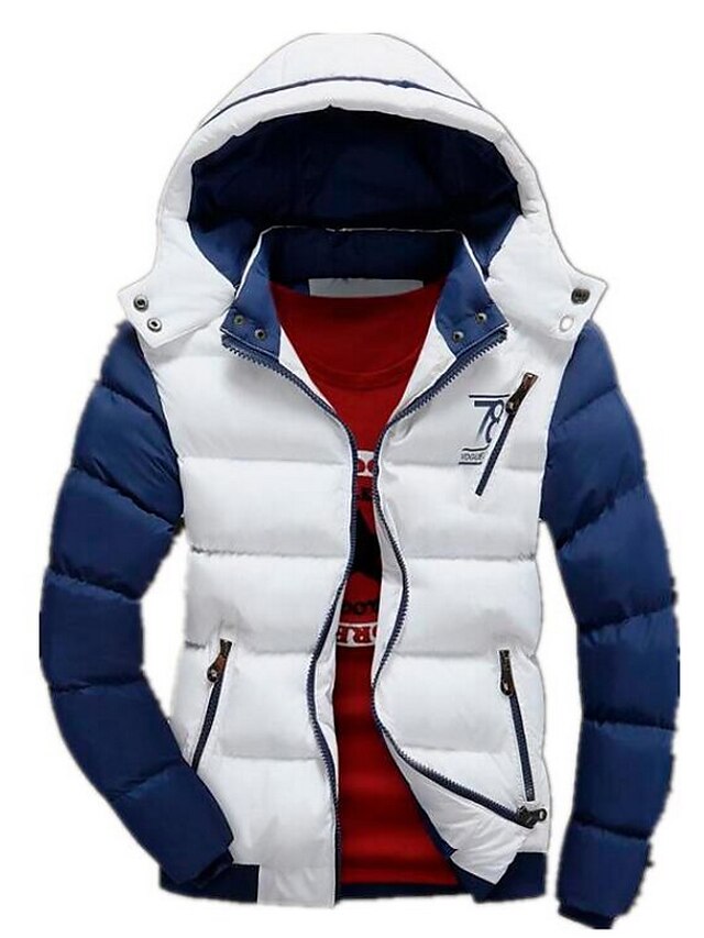  Men's Winter Padded Parka Daily Color Block Cotton Long Sleeve Hooded White / Black / Red M / L / XL