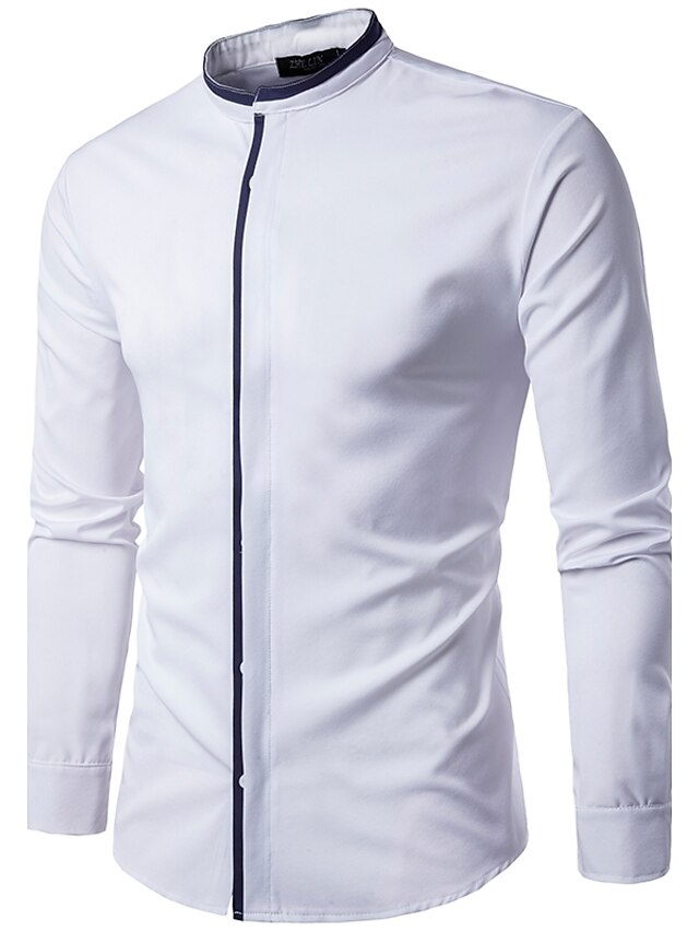  Men's Shirt Solid Colored Standing Collar White Navy Blue Long Sleeve Going out Work Tops / Fall