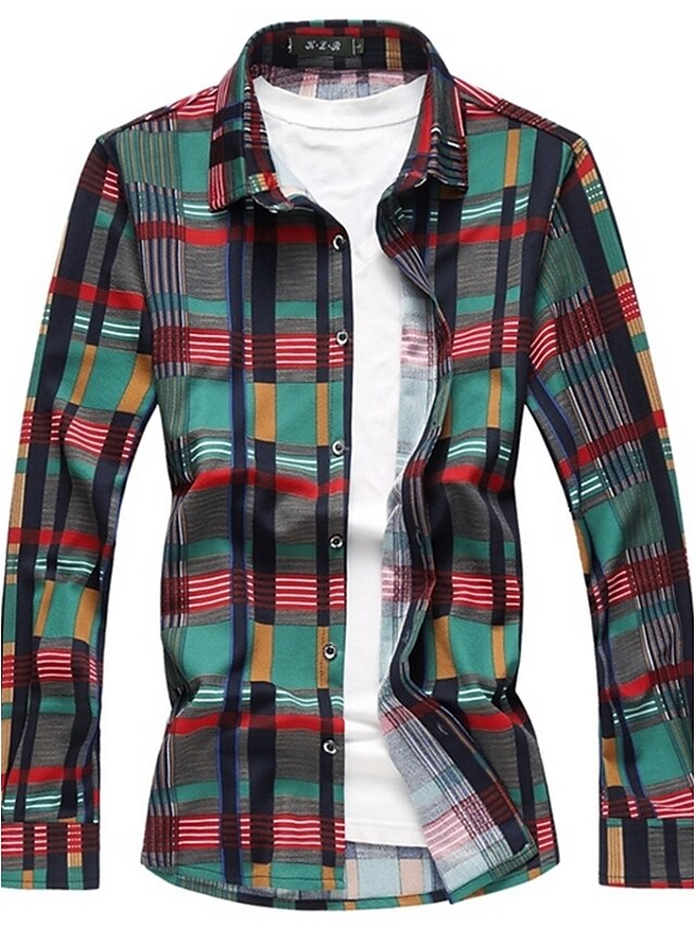  Men's Daily Going out Work Street chic Plus Size Cotton Shirt - Plaid Red / Long Sleeve / Spring / Fall