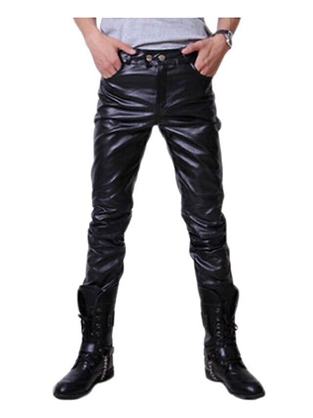  Men's Skinny Trousers Faux Leather Pants Casual Pants Solid Colored Full Length Work Daily Holiday PU Streetwear Stylish Slim Silver Black Micro-elastic