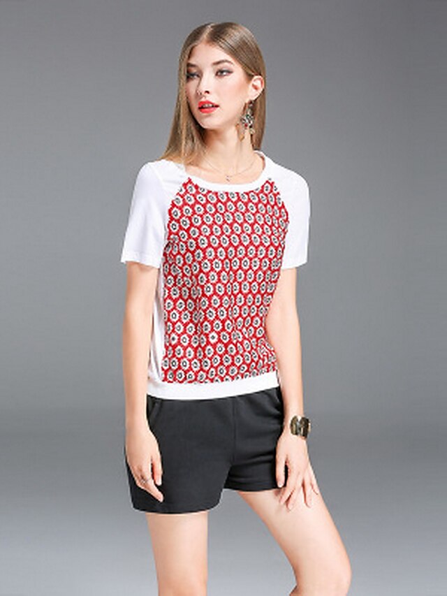  Damen Punkt Einfach Ausgehen Lässig/Alltäglich T-shirt,Rundhalsausschnitt Sommer Kurzarm Seide Baumwolle Mittel