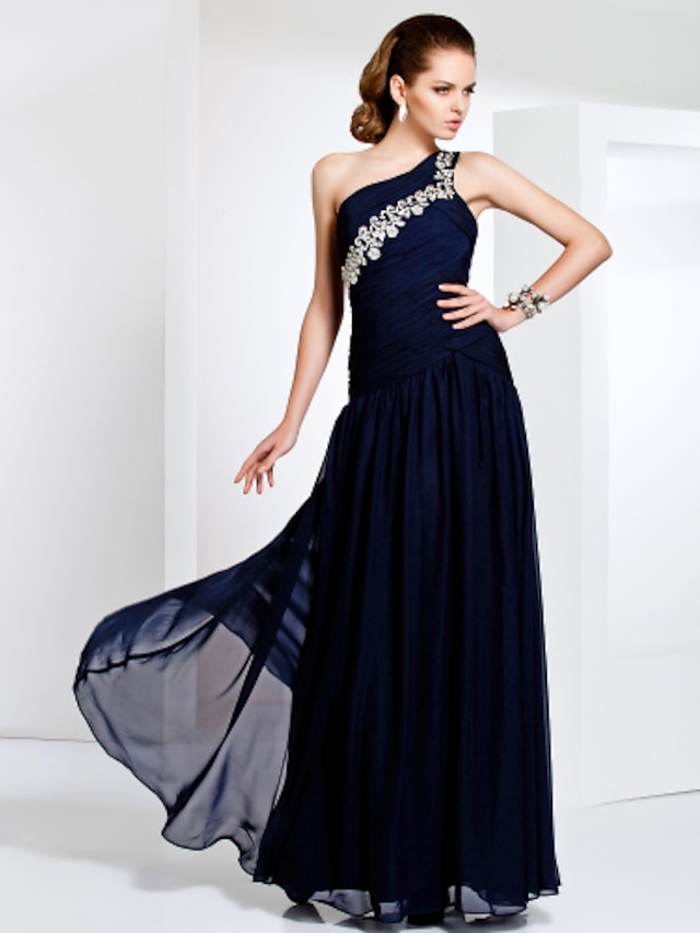  Sheath / Column One Shoulder Floor Length Chiffon Dress with Beading / Appliques by TS Couture®