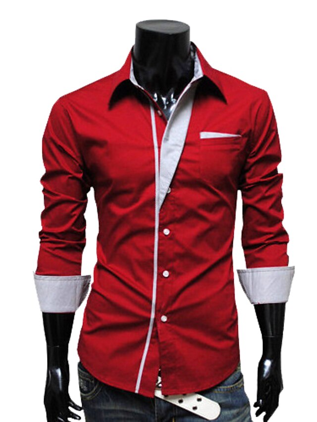  Men's Shirt Solid Colored Long Sleeve Daily Tops Casual Classic Collar Red Navy Blue White / Fall / Spring
