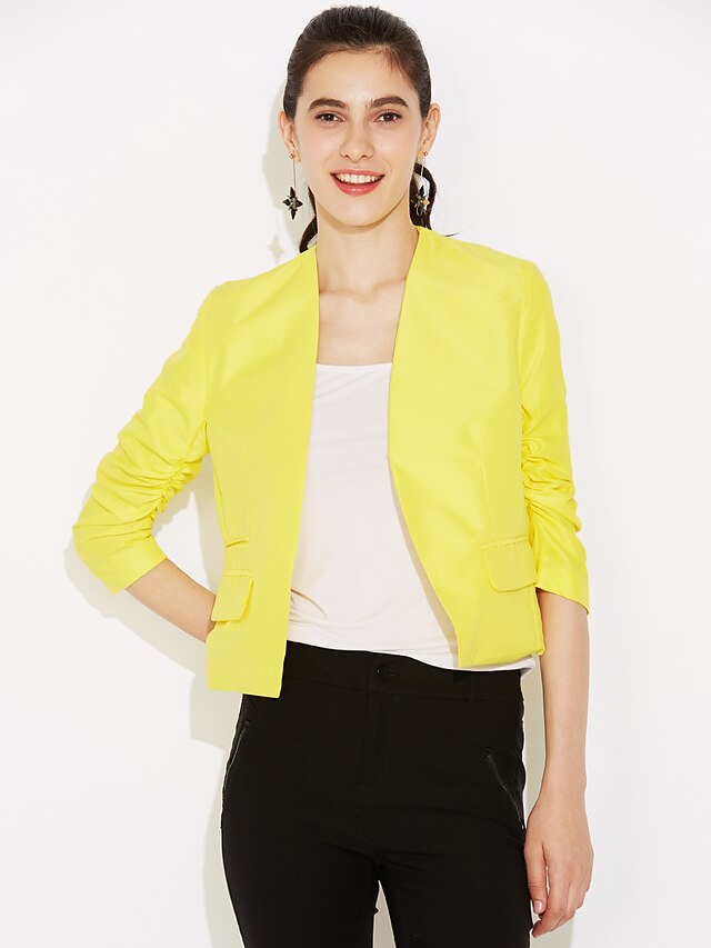  Women's Blazer Solid Colored 3/4 Length Sleeve Coat Fall Spring Daily Short Jacket Yellow / V Neck / Work / Cotton