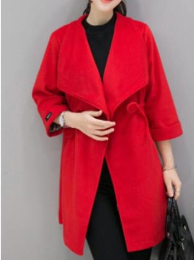  Women's Daily Fall / Winter Plus Size Long Coat, Solid Colored Shawl Lapel Long Sleeve Polyester / Others Classic Style Blushing Pink / Fuchsia / Red / Loose