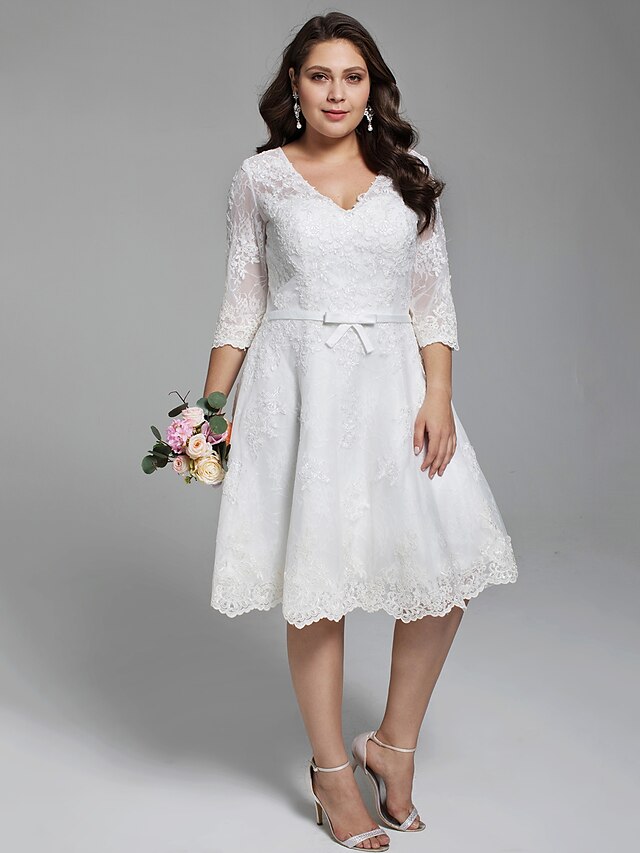 Hall Open Back Wedding Dresses Knee Length A-Line 3/4 Length Sleeve V ...