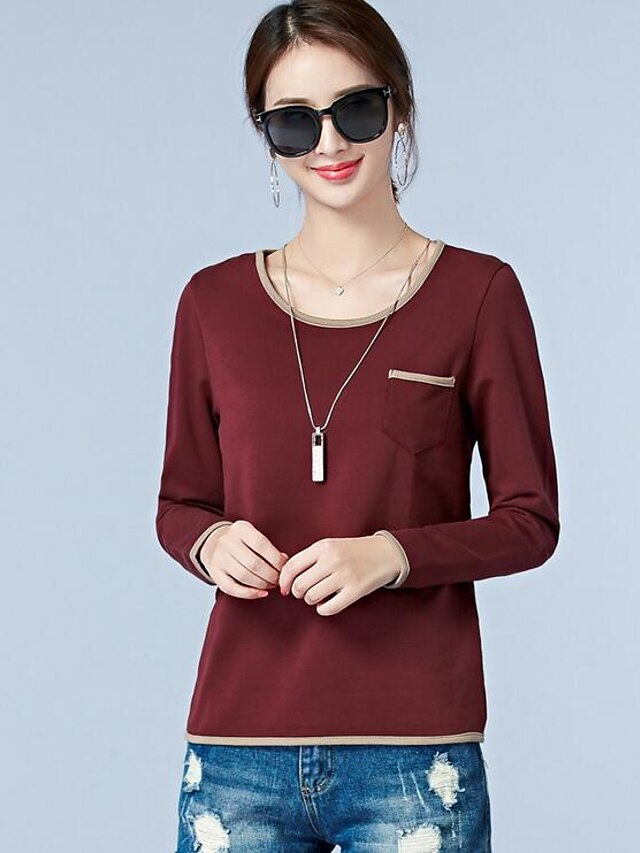  Damen T Shirt Einfarbig Rundhalsausschnitt Rosa Wein Armeegrün Schwarz Täglich Bekleidung Baumwolle / Langarm