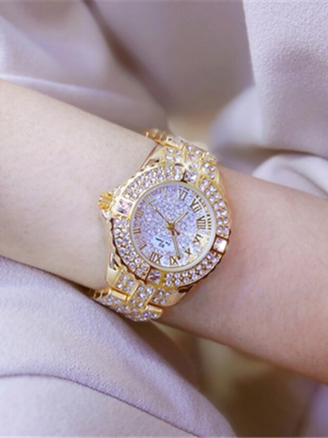  Mulheres Simulado Diamante Relógio Quartzo Brilhante Analógico Dourado Prata
