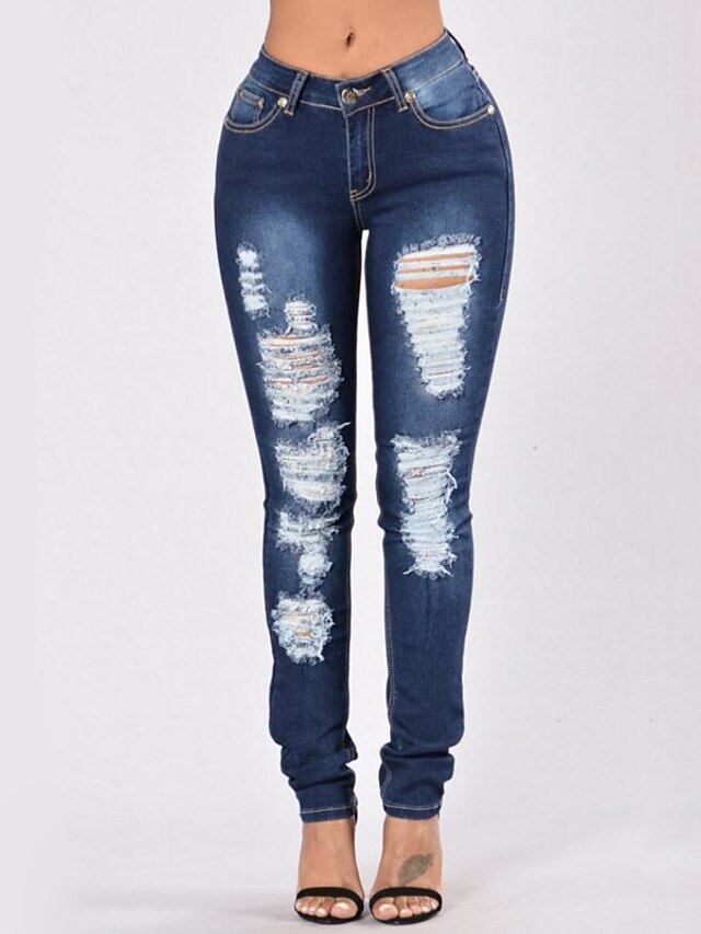  Dames Street chic Dagelijks Skinny Jeans Broek - Effen Gescheurde Marine Blauw S M L / Sexy