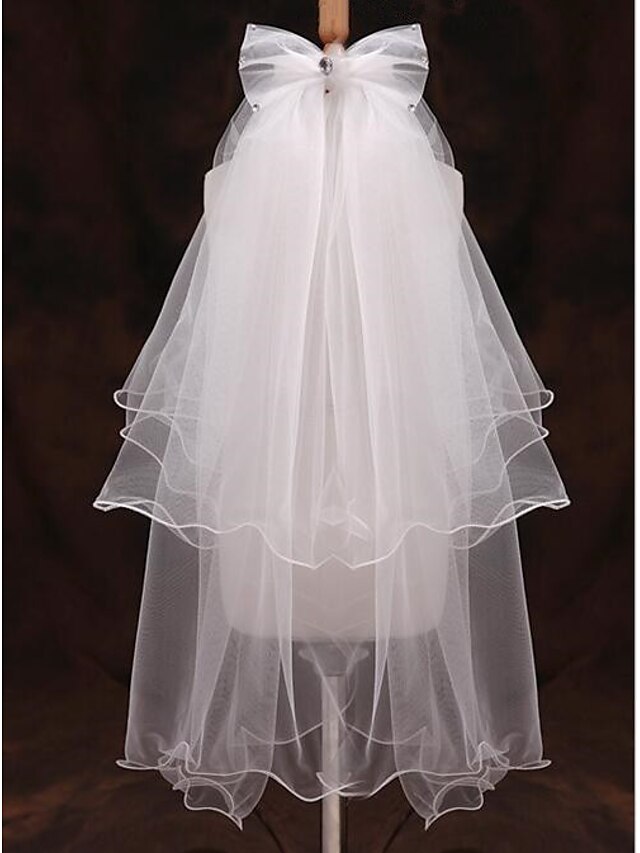  Two-tier Pencil Edge Wedding Veil Elbow Veils with Ruffles Tulle