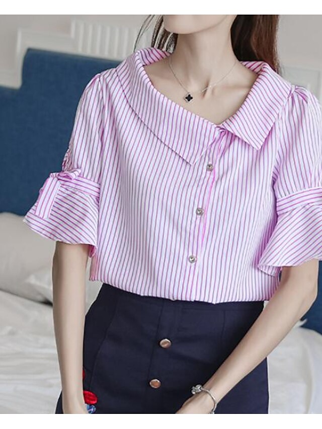  Women's Daily Casual Spring Shirt Skirt Suits,Striped Shirt Collar Half Sleeves Others