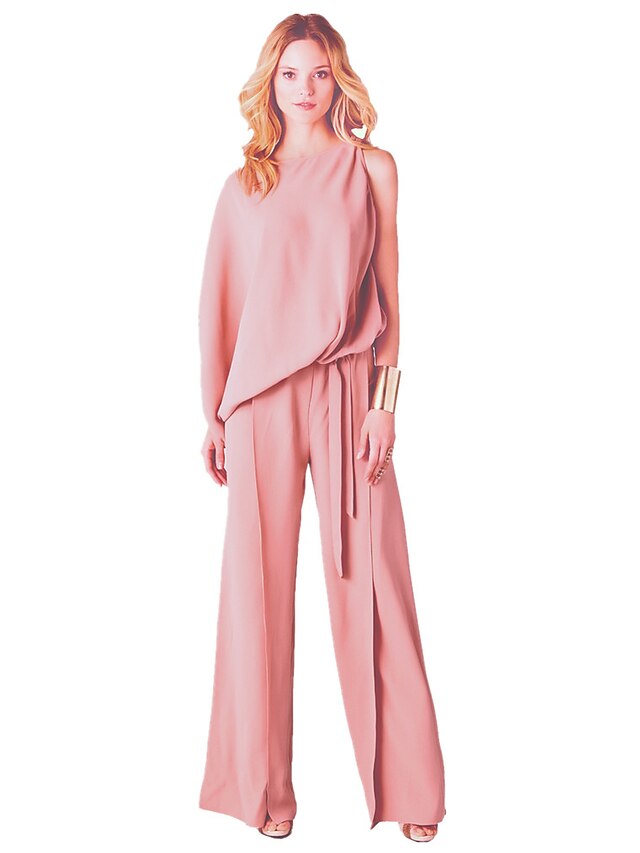  Women's Jumpsuit Solid Colored Round Neck Daily Wide Leg 3/4 Length Sleeve Flare Cuff Sleeve Pink S M L Spring / Plus Size