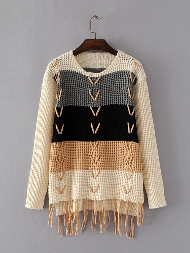  Damen Standard Pullover-Ausgehen Lässig/Alltäglich Einfach Niedlich Gestreift Einfarbig Rundhalsausschnitt Langarm Wolle Baumwolle