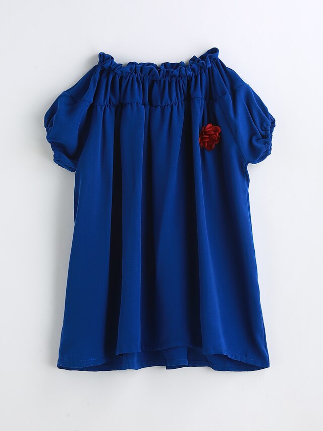  Mädchen Gerüscht Solide Kurzarm Baumwolle Kleid Königsblau