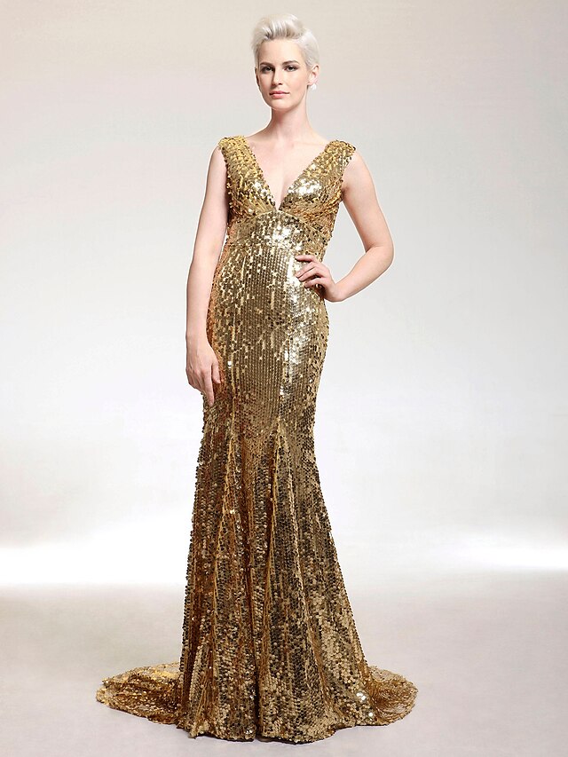  Mermaid / Trumpet Elegant Celebrity Style All Celebrity Styles Formal Evening Military Ball Dress V Neck Sleeveless Sweep / Brush Train Sequined with Sequin 2020 / Sparkle & Shine