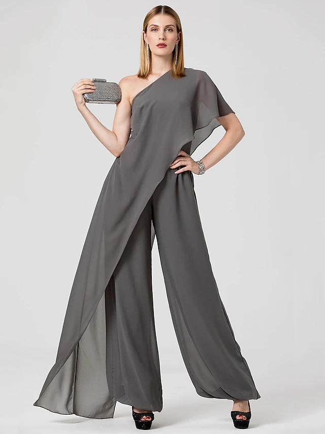 Jumpsuits Sexy Dress Formal Evening Floor Length Sleeveless One Shoulder Fall Wedding Guest Chiffon with Draping 22