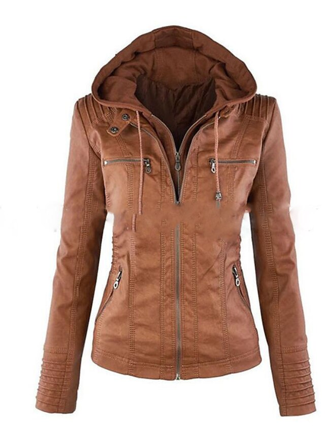  Women's Daily / Going out Basic Fall / Winter Plus Size Short Leather Jacket, Solid Colored Hooded Long Sleeve Leather Beige / Light Brown / Khaki 4XL / XXXXXL / XXXXXXL