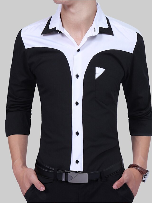  Men's Daily Weekend Slim Shirt - Color Block Black & White, Patchwork Spread Collar Wine / Spring / Fall / Long Sleeve