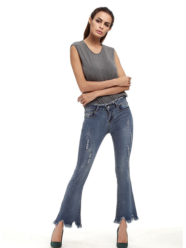  Damen Freizeit Sexy Street Schick Hohe Hüfthöhe Mikro-elastisch Bootcut Jeans Hose,Polyester Ganzjährig Solide