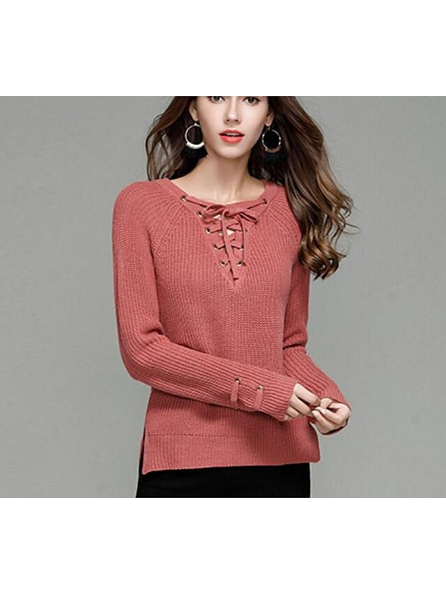  Women's Daily Solid Colored Long Sleeve Regular Pullover, V Neck Fall Red / Camel / Wine L / XL / XXL / Lace up