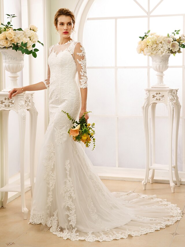  Mermaid / Trumpet Wedding Dresses Jewel Neck Court Train Tulle All Over Floral Lace 3/4 Length Sleeve Floral Lace See-Through Beautiful Back with Buttons 2022