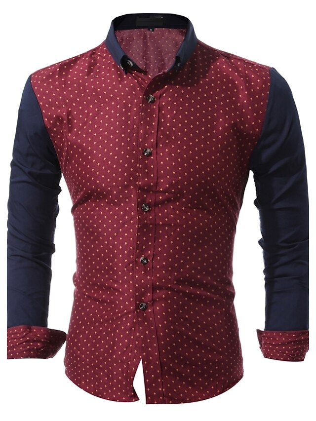  Men's Polka Dot Print Shirt - Cotton Daily Going out Wine / White / Navy Blue / Summer / Fall / Long Sleeve