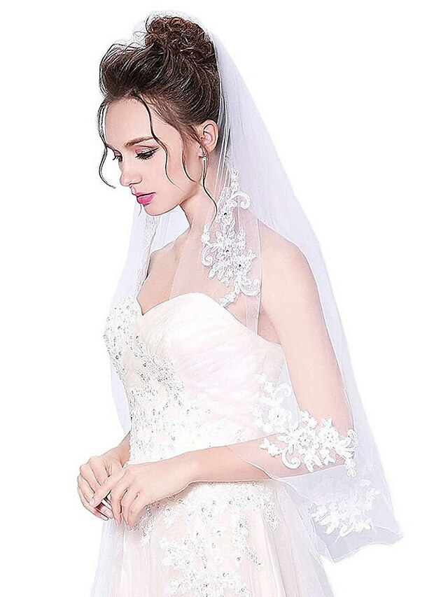  One-tier Cut Edge Wedding Veil Elbow Veils with Appliques Tulle / Classic