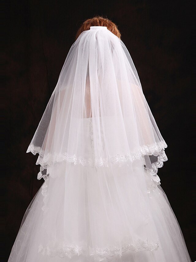  Two-tier Cut Edge Wedding Veil Blusher Veils / Elbow Veils with Pearl Tulle / Angel cut / Waterfall