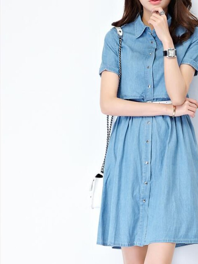  Women's Daily / Going out Street chic A Line / Sheath / Denim Dress - Solid Colored Split Shirt Collar Spring Cotton Blue L XL XXL