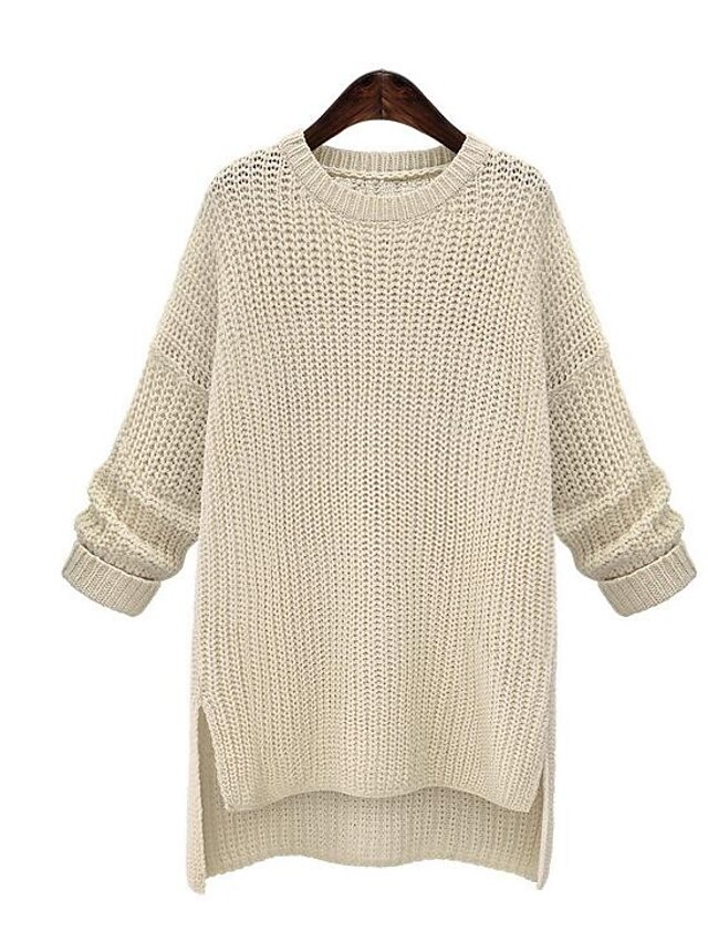  Damen Alltag / Ausgehen Solide Langarm Standard Pullover, Rundhalsausschnitt Herbst / Winter Baumwolle Beige Einheitsgröße