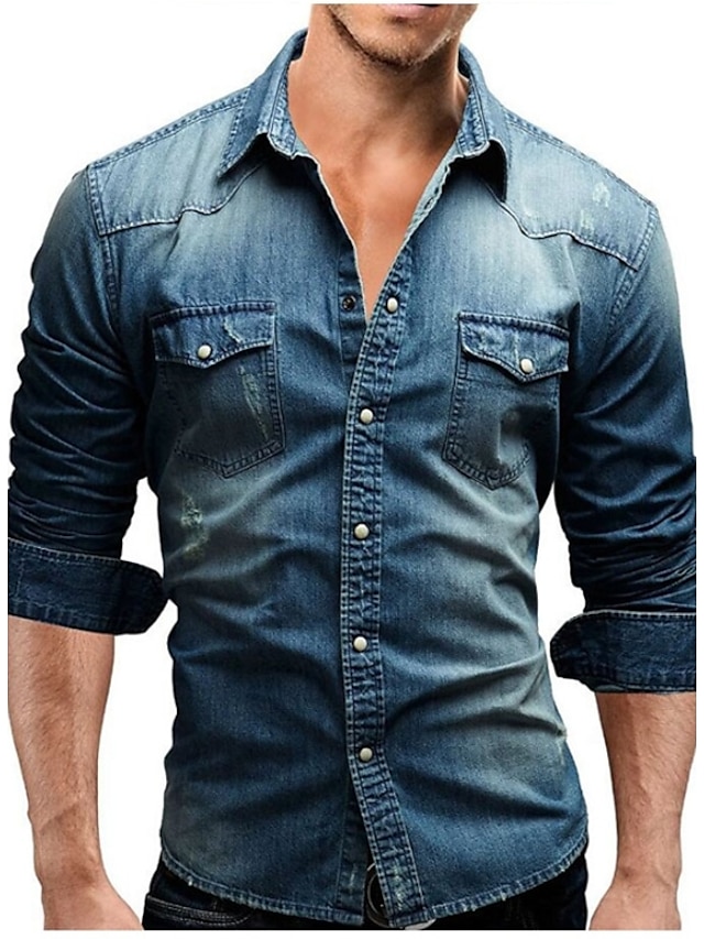  Men's Shirt Solid Colored Shirt Collar Blue Light gray Dark Gray Long Sleeve Plus Size Daily Going out Denim Slim Tops / Winter / Fall / Winter