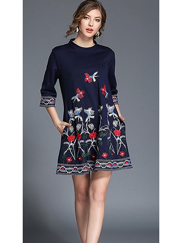  Women's Floral Daily / Holiday / Going out Street chic Mini A Line / Loose Dress - Floral Crew Neck Navy Blue L XL XXL