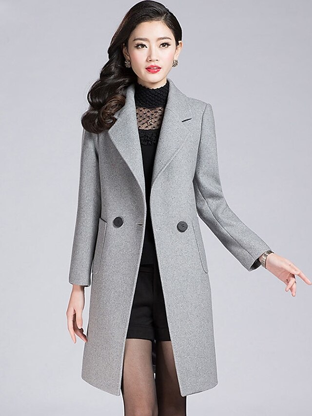  Women's Daily Fall / Winter Regular Trench Coat, Solid Colored V Neck Long Sleeve Wool / Polyester Gray