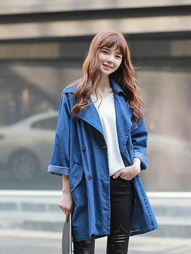  Damen Alltag Einfach / Freizeit Herbst Standard Jacke, Solide Gekerbtes Revers Langarm Polyester Blau M / L / XL