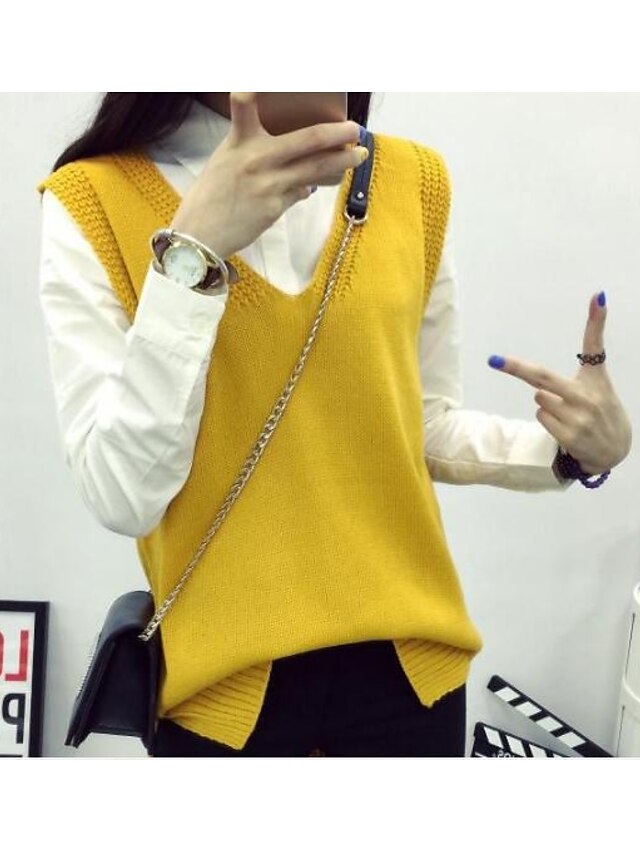  Women's Daily / Going out Solid Colored Sleeveless Regular Vest, V Neck Fall Wool Black / Yellow One-Size