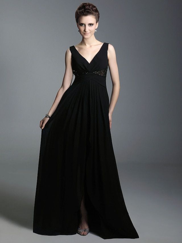  Ball Gown V Neck / Straps Floor Length Chiffon Dress with Beading / Criss Cross by TS Couture®