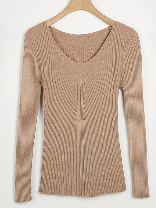  Damen Standard Pullover-Lässig/Alltäglich Einfach Solide V-Ausschnitt Langarm Baumwolle Frühling Herbst Mittel Mikro-elastisch