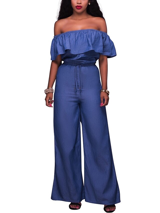  Women's Off Shoulder Ruffle Holiday / Going out / Club Boat Neck Blue Wide Leg Jumpsuit, Solid Colored Backless / Ruffle M L XL High Rise Short Sleeve Spring Summer