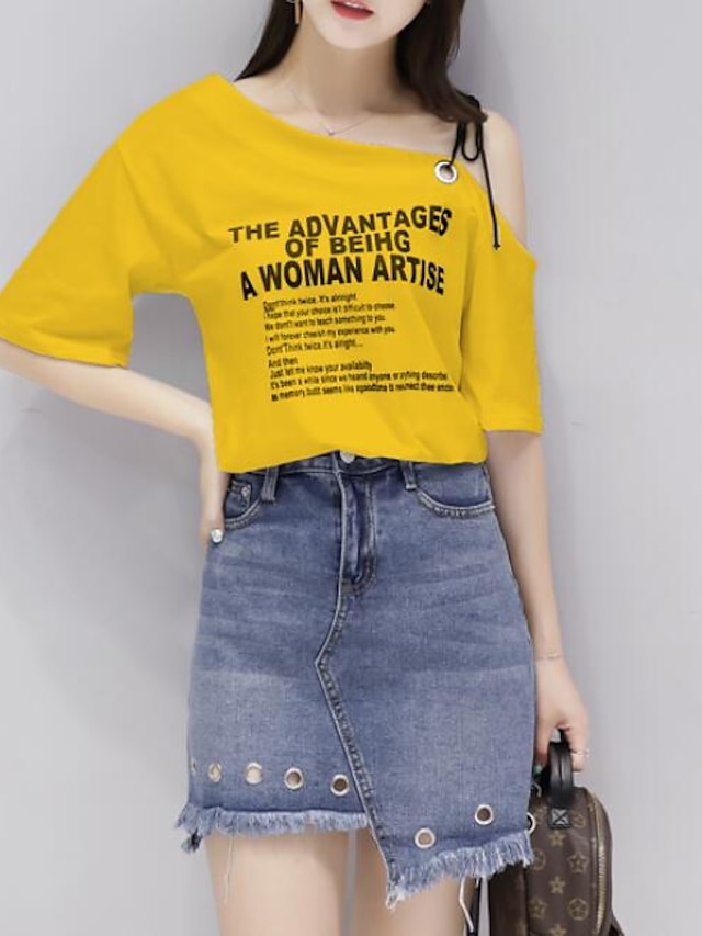  Mujer Noche Camiseta - Un Color / Letra y Número Un Hombro Falda / Verano