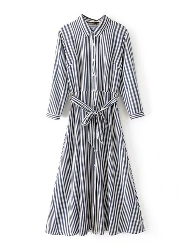 Women's Going out / Casual / Daily Street chic Shirt Dress - Striped Shirt Collar Spring Black
