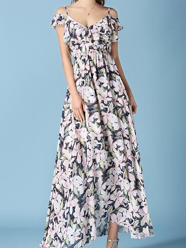  Women's Going out Cotton Chiffon Dress - Floral Maxi Boat Neck