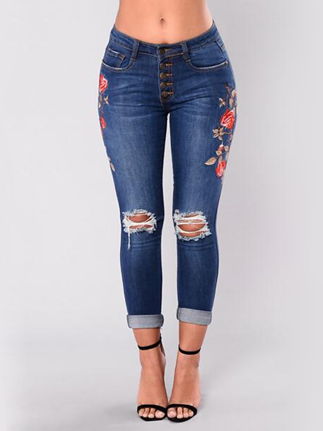  Women's Street chic Skinny Skinny / Jeans Pants - Embroidered Ripped Blue XL