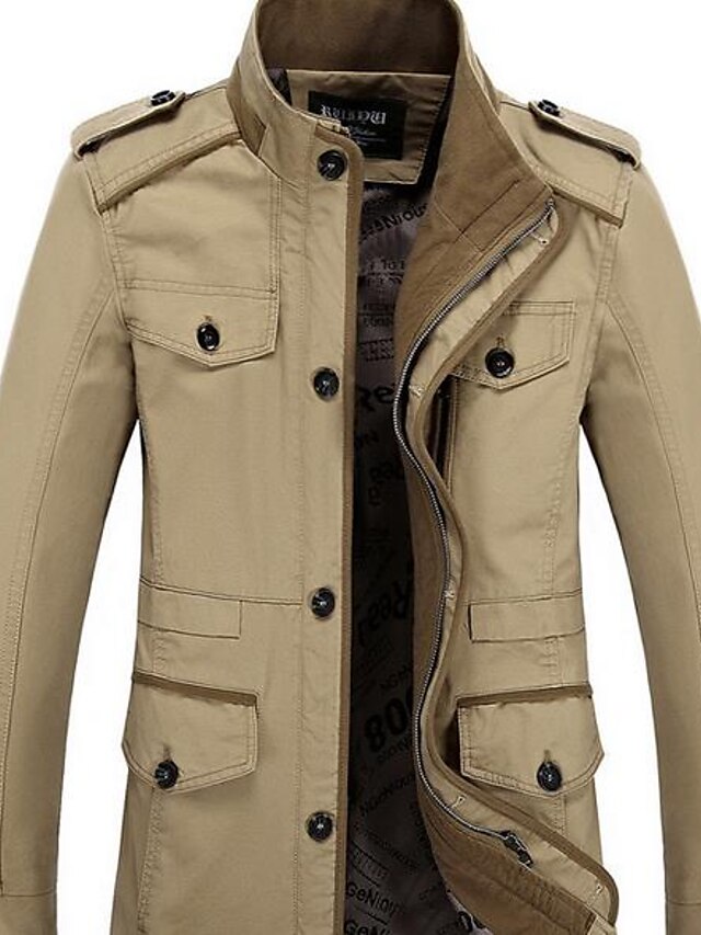  Men's Daily Spring / Fall Regular Leather Jacket, Solid Colored / Striped Stand Long Sleeve Linen / Acrylic / Calfskin Green / Khaki XXXL / XXXXL / XXXXXL