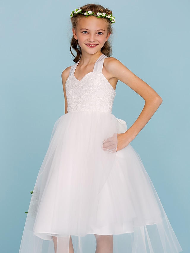 Ball Gown Tea Length Flower Girl Dress First Communion Cute Prom Dress Lace with Bow(s) Fit 3-16 Years