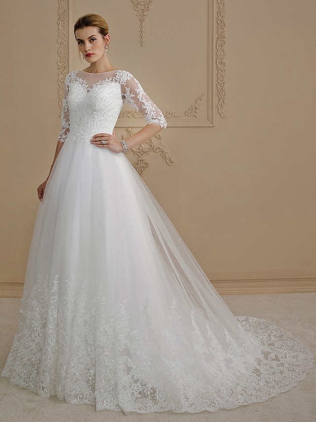 Ball Gown Wedding Dresses Court Train Lace Over Tulle Plus Size ...